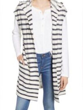 Lou & Grey Striped Hooded Longline Sweater Vest/ Coverup in White & Navy